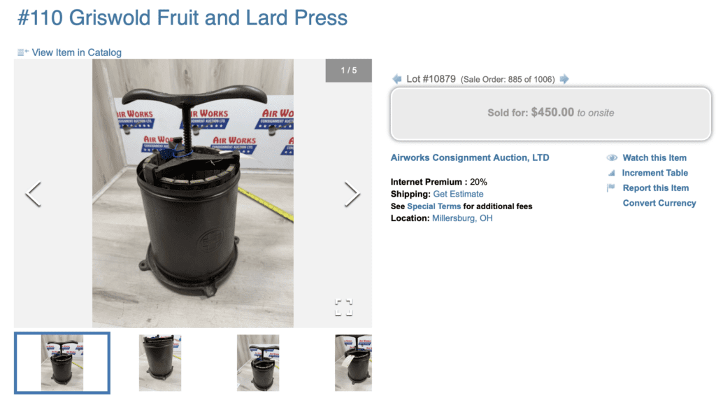 Griswold cast iron Fruit and Lard Press. Sold for $450. 